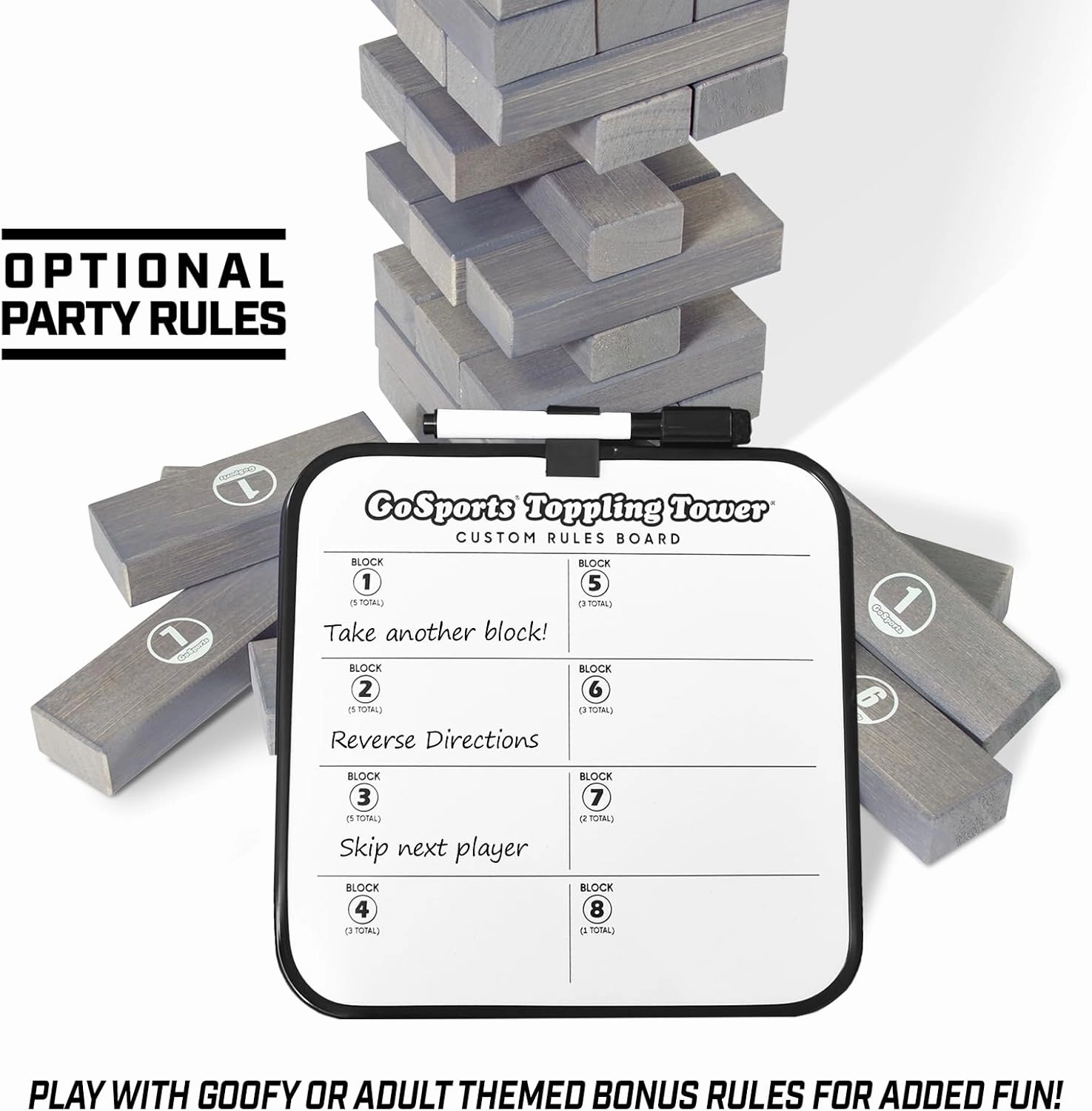 GoSports Large Wooden Stacking Game - Stacks Up to 3 ft - Choose Brown Wood Stain, Gray, or Natural - Toppling Tower