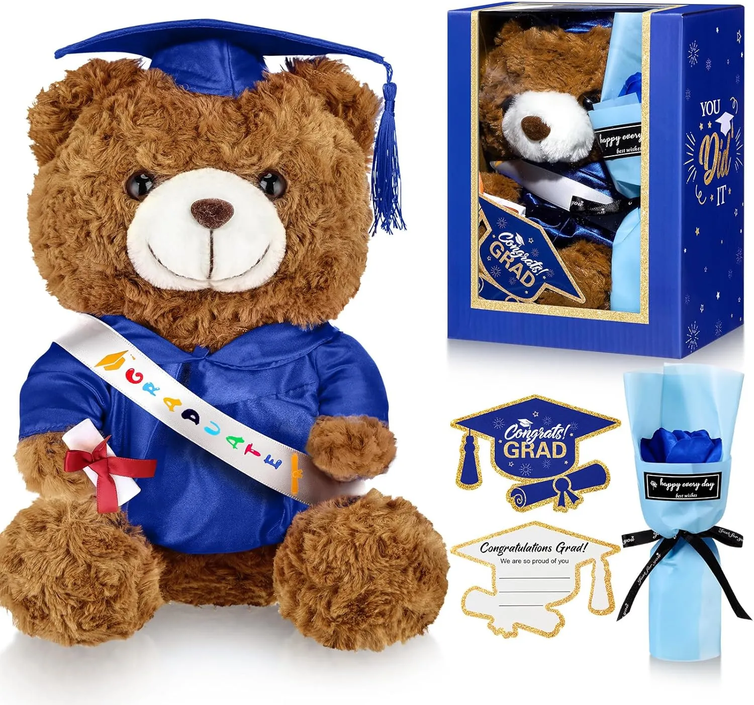 Graduation Bear Gifts Set Include Stuffed Animal Bear with Gown Cap Tassel Class of 2025 Grad Card Soap Artificial Flower Box with Window Graduation Gift for Him Her(Royal Blue)