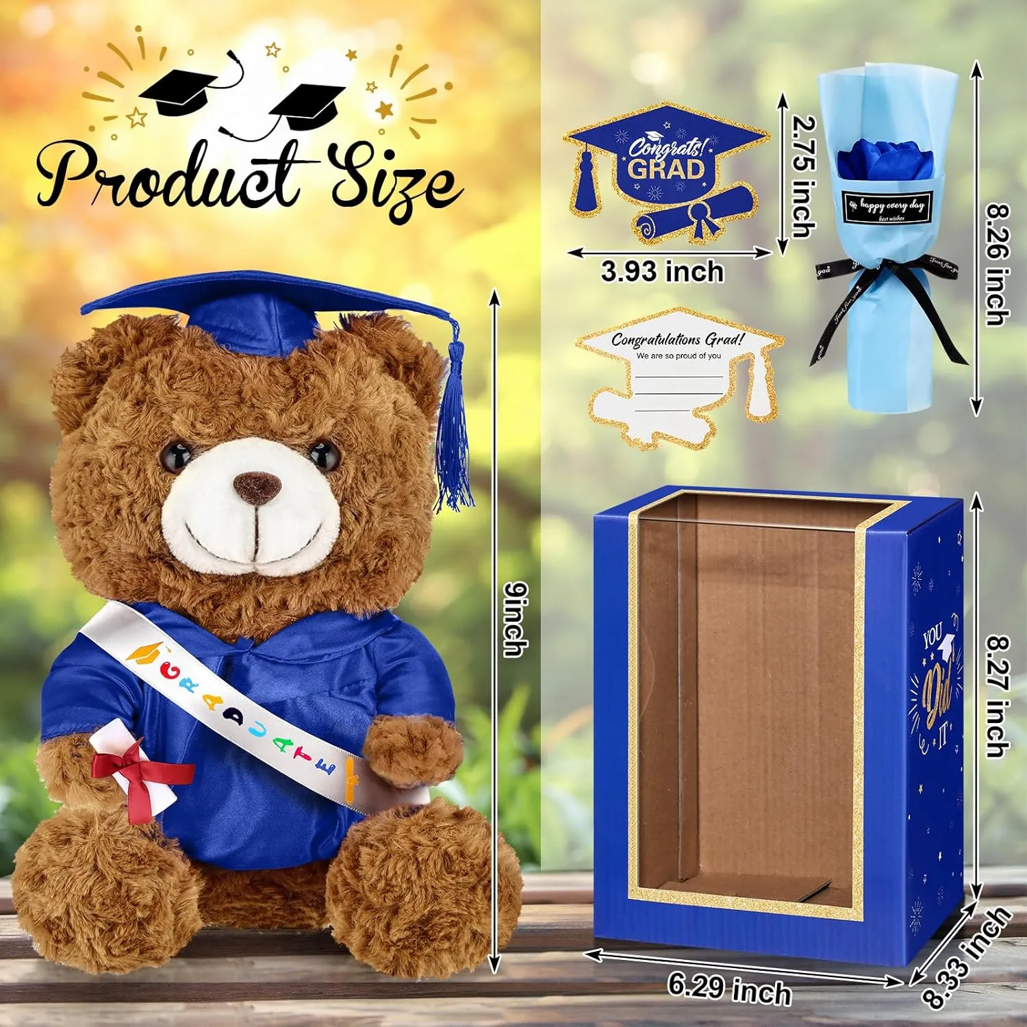 Graduation Bear Gifts Set Include Stuffed Animal Bear with Gown Cap Tassel Class of 2025 Grad Card Soap Artificial Flower Box with Window Graduation Gift for Him Her(Royal Blue)
