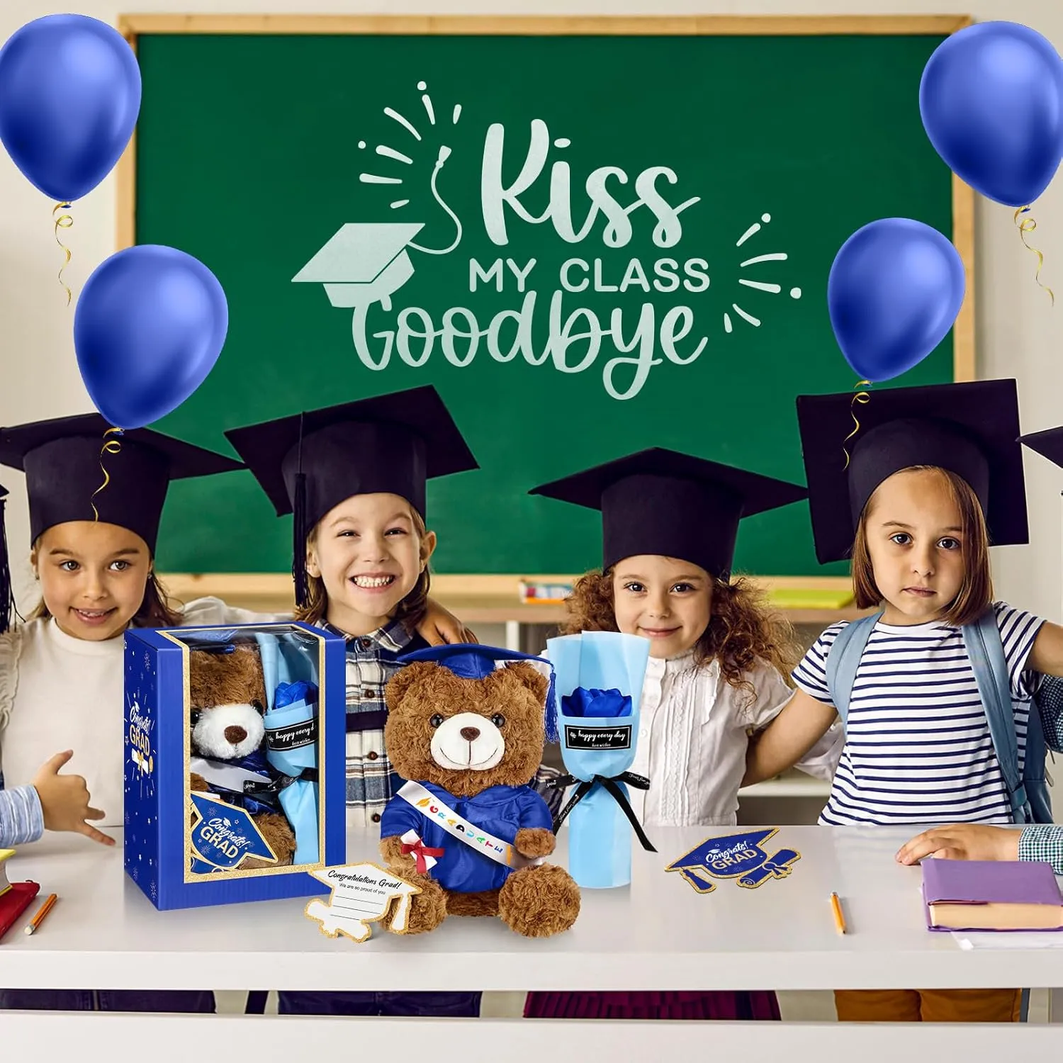Graduation Bear Gifts Set Include Stuffed Animal Bear with Gown Cap Tassel Class of 2025 Grad Card Soap Artificial Flower Box with Window Graduation Gift for Him Her(Royal Blue)