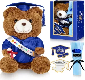 Graduation Bear Gifts Set Include Stuffed Animal Bear with Gown Cap Tassel Class of 2025 Grad Card Soap Artificial Flower Box with Window Graduation Gift for Him Her(Royal Blue)