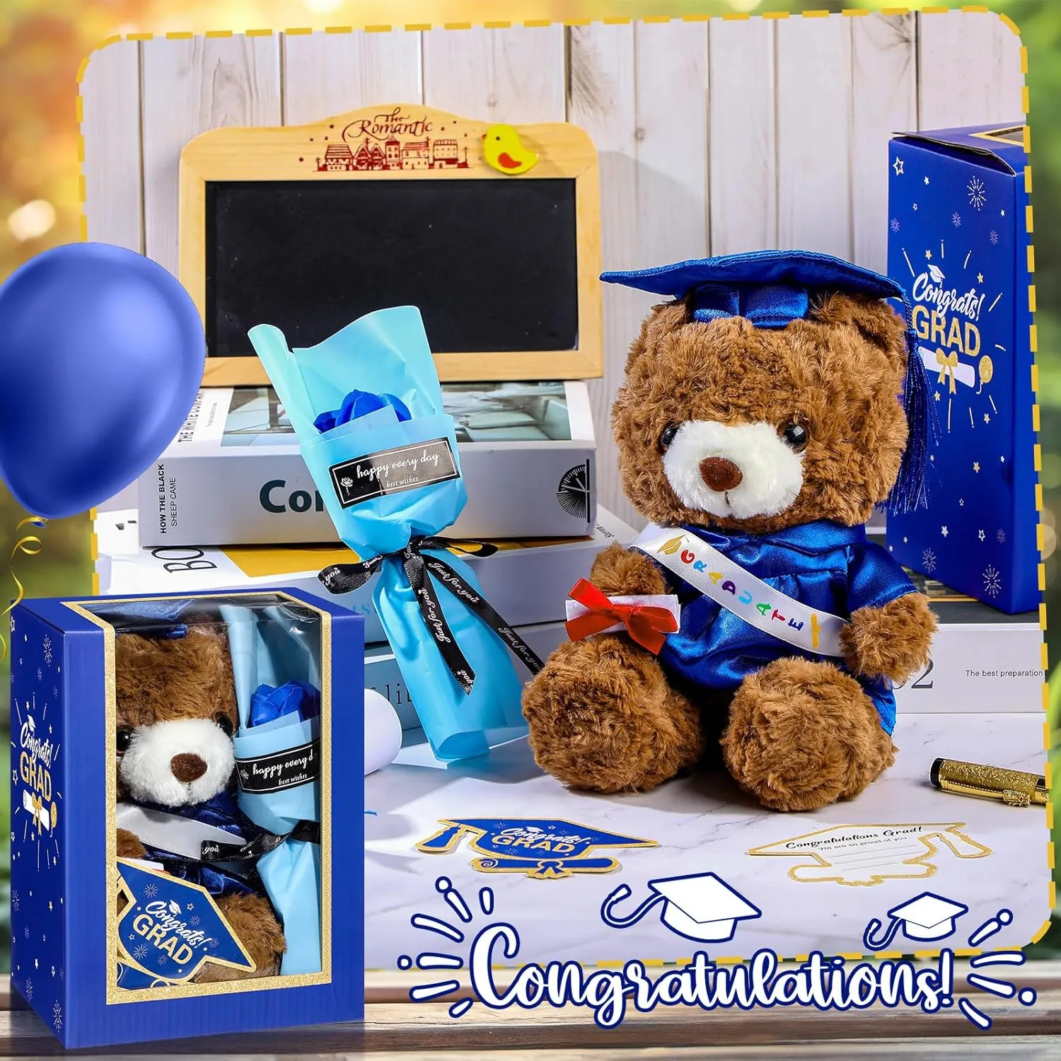 Graduation Bear Gifts Set Include Stuffed Animal Bear with Gown Cap Tassel Class of 2025 Grad Card Soap Artificial Flower Box with Window Graduation Gift for Him Her(Royal Blue)