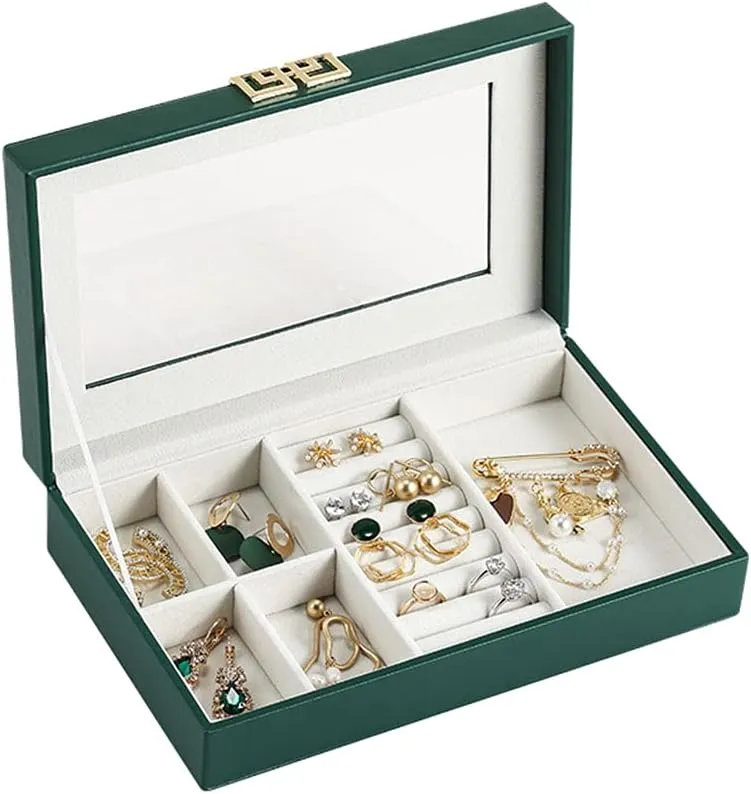 Green Jewelry Box Organizer for Girls or Women, Leather Jewelry Display Storage Case with Transparent Lid, for Rings Earrings Necklaces Bangle Bracelet Watches Storage