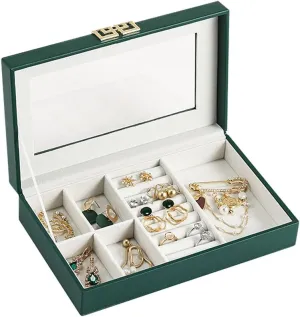 Green Jewelry Box Organizer for Girls or Women, Leather Jewelry Display Storage Case with Transparent Lid, for Rings Earrings Necklaces Bangle Bracelet Watches Storage