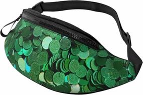 Green Sequin Sparkle Printed Bumbag Waist Bag for Men Women Adjustable Belt Fanny Pack with Headphone Hole for Travel,Hiking,Sport,Cycling, Black, One Size, Hiking Backpack