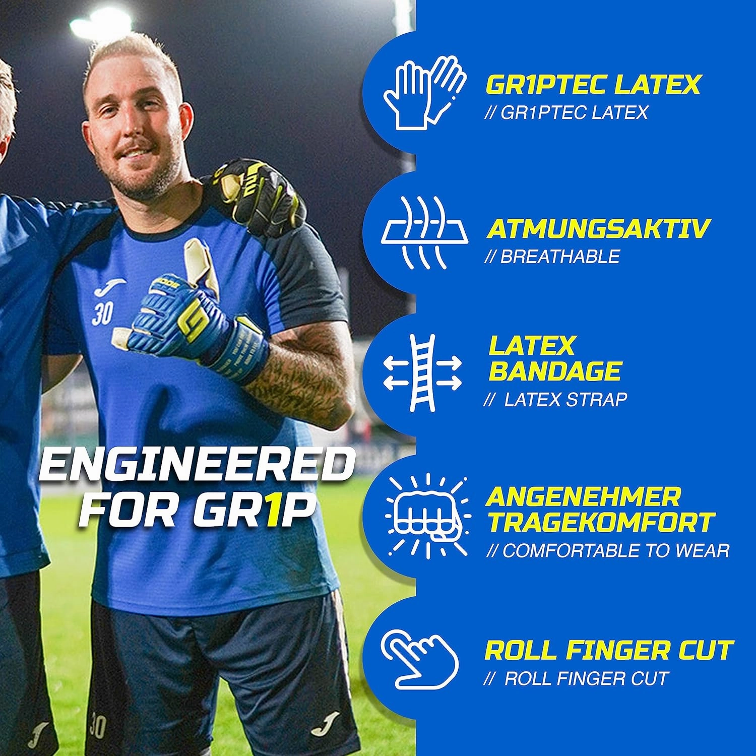 GRIPMODE Classic Blue Roll Finger Goalkeeper Gloves Adult and Child with Griptec® Latex Lining I Suitable in All Weather I Football Goal Protection for Children, Teenagers & Adults