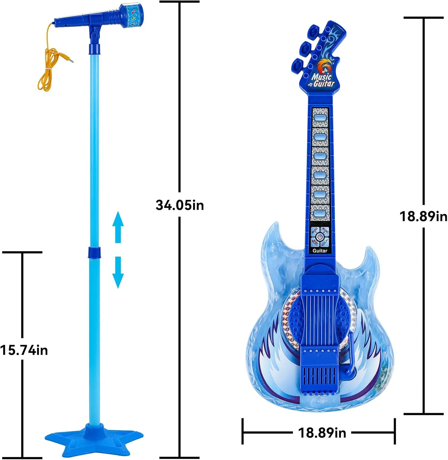 Guitar and Microphone Play Set for Boys,Karaoke Machine with Music&Light,Microphone Toys with Stand,Adjustable Height Guitar Toys for Kids,Toddlers,Child(Blue)