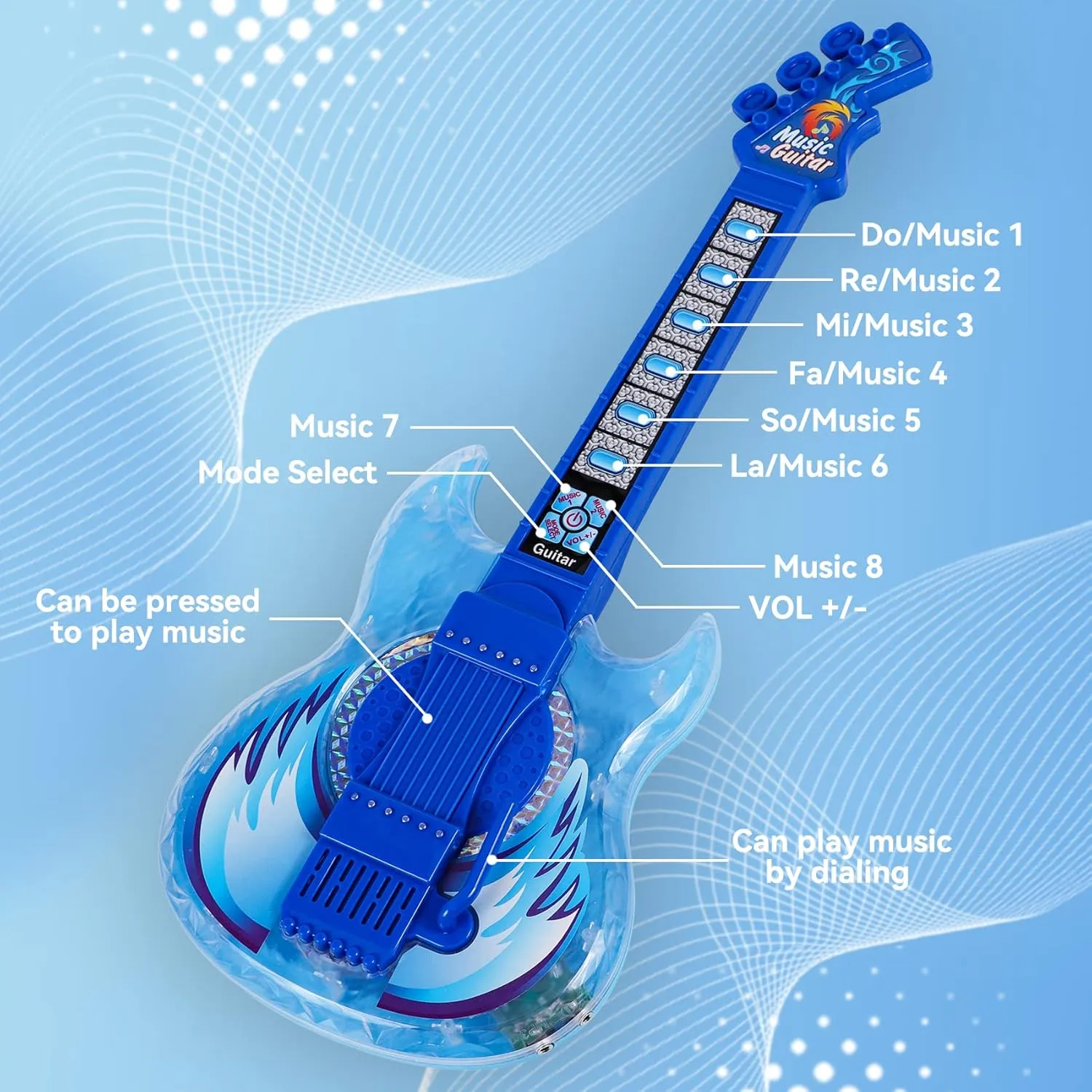 Guitar and Microphone Play Set for Boys,Karaoke Machine with Music&Light,Microphone Toys with Stand,Adjustable Height Guitar Toys for Kids,Toddlers,Child(Blue)
