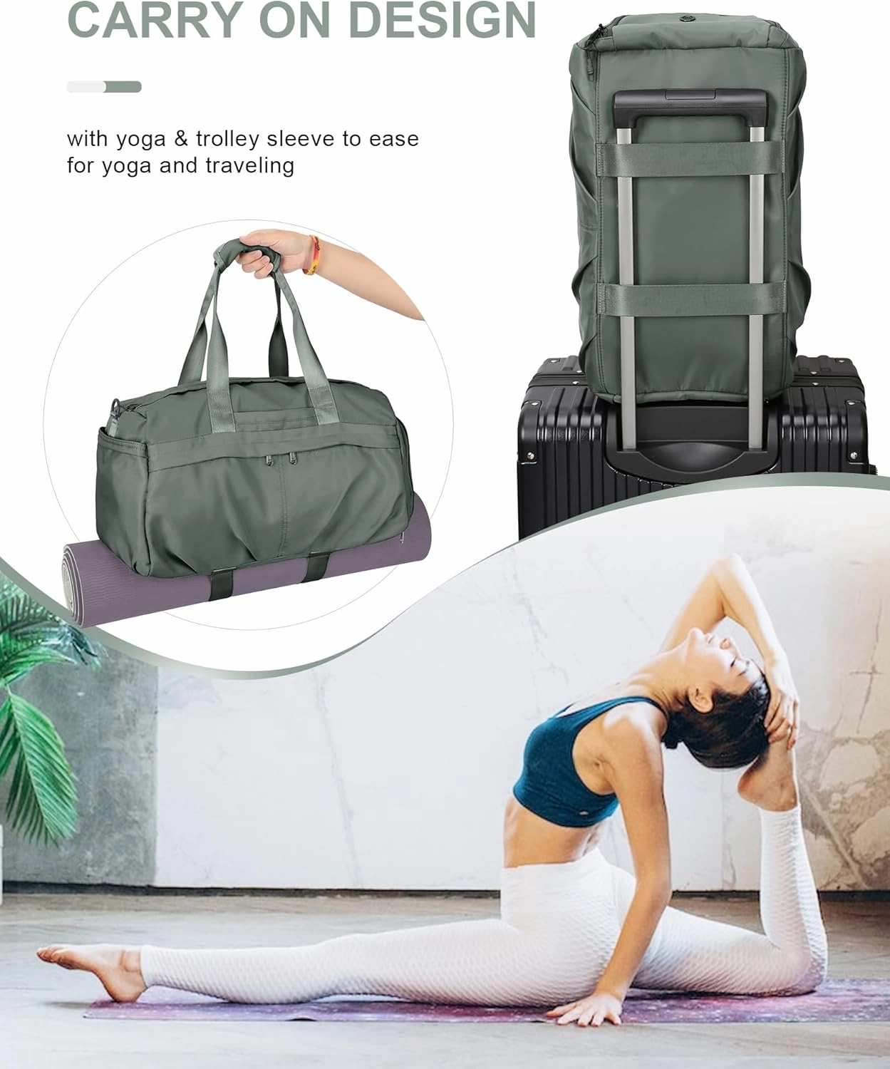 Gym Bag for Women Men with Shoe Compartment, Sport Duffel Bag, Waterproof Travel Weekender Overnight Carry on Bag for Yoga with Trolley Sleeve, Green