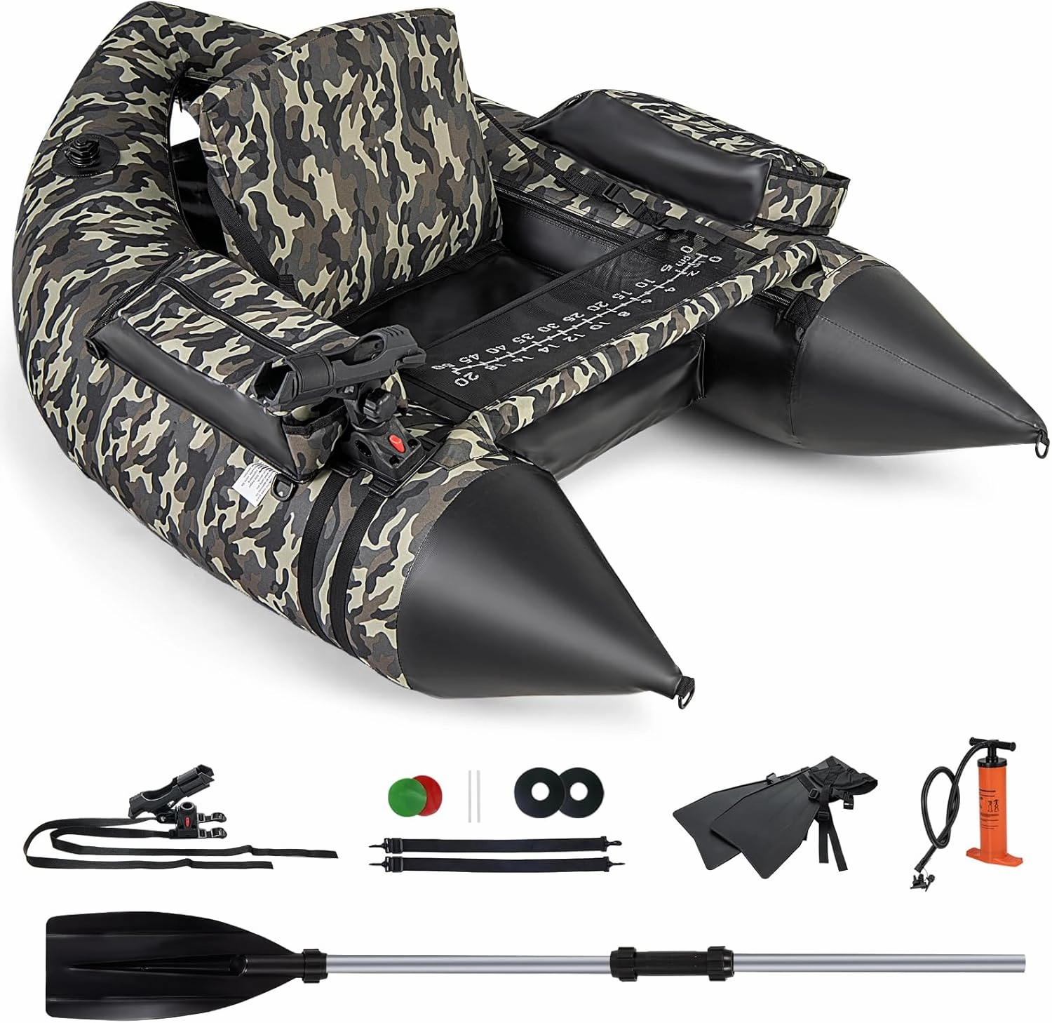 GYMAX Fishing Float Tube, 350lbs Portable Fishing Boat with Adjustable Shoulder Straps, Manual Pump, Paddle, Flippers, Fishing Rod Holder & Fish Ruler, Inflatable Adult Belly Boat for Fishing