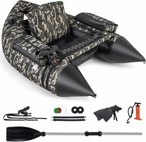 GYMAX Fishing Float Tube, 350lbs Portable Fishing Boat with Adjustable Shoulder Straps, Manual Pump, Paddle, Flippers, Fishing Rod Holder & Fish Ruler, Inflatable Adult Belly Boat for Fishing