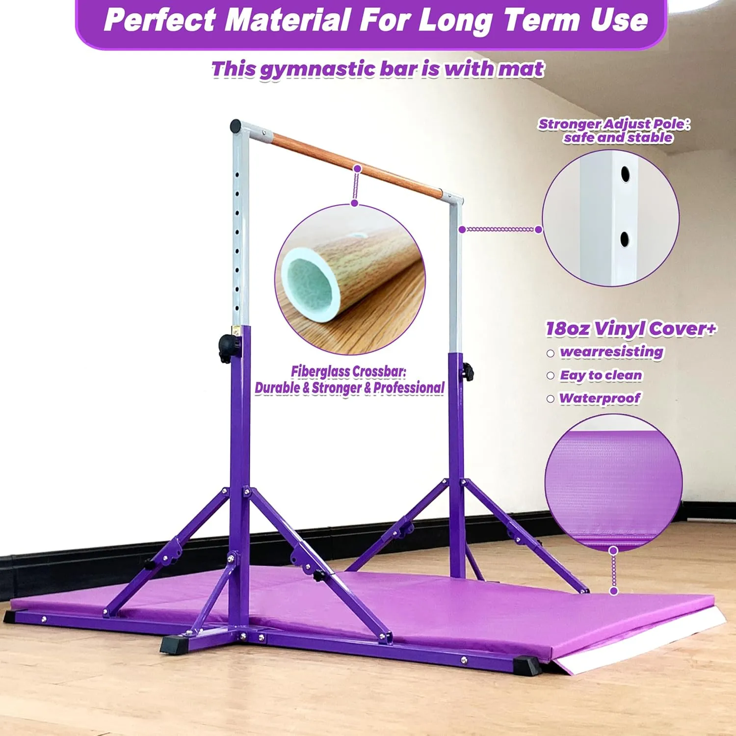Gymnastic Bar for Kid and Teenage Ages 3-25, 5 FT / 6 FT Base Length, 5 FT / 6 FT Height, Gymnastic Kip Bar Horizontal Bar for Gymnast, Gymnastic Training Equipment for Home and Club Use