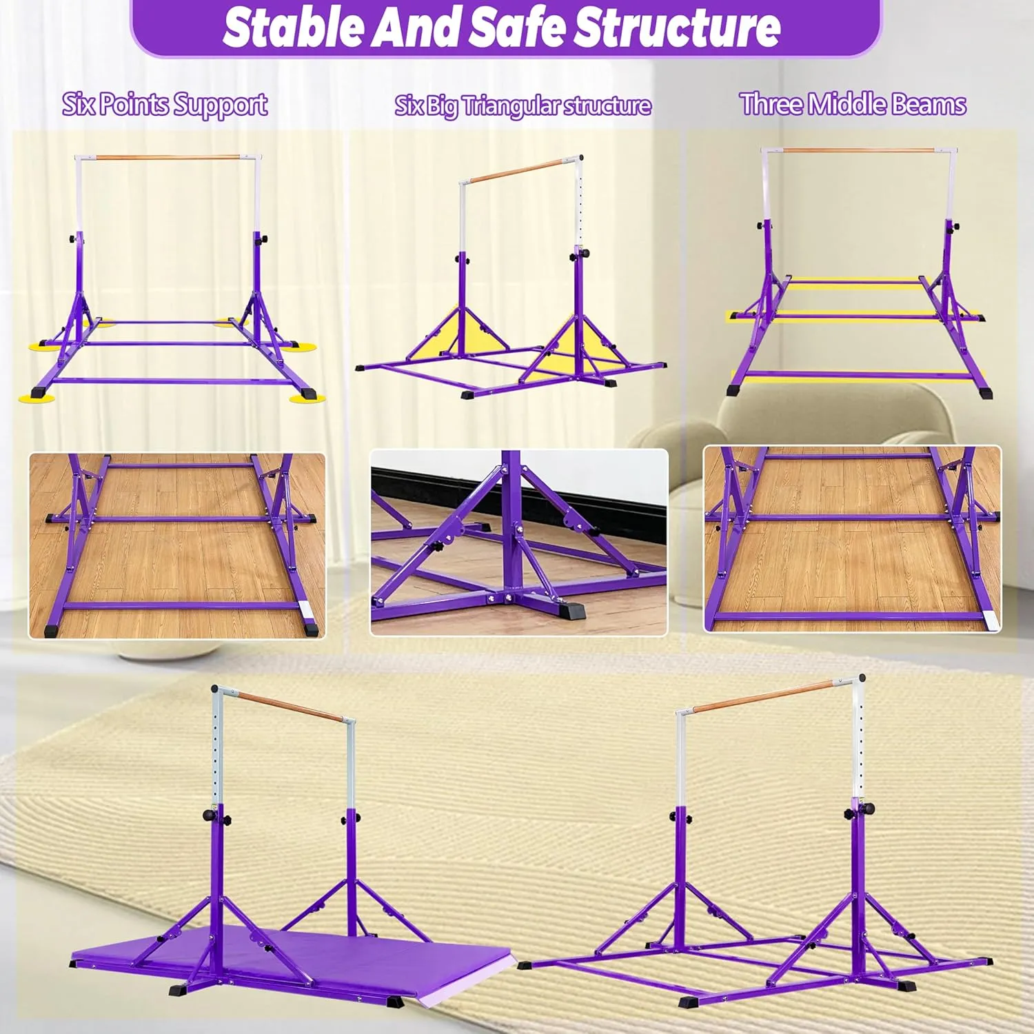 Gymnastic Bar for Kid and Teenage Ages 3-25, 5 FT / 6 FT Base Length, 5 FT / 6 FT Height, Gymnastic Kip Bar Horizontal Bar for Gymnast, Gymnastic Training Equipment for Home and Club Use