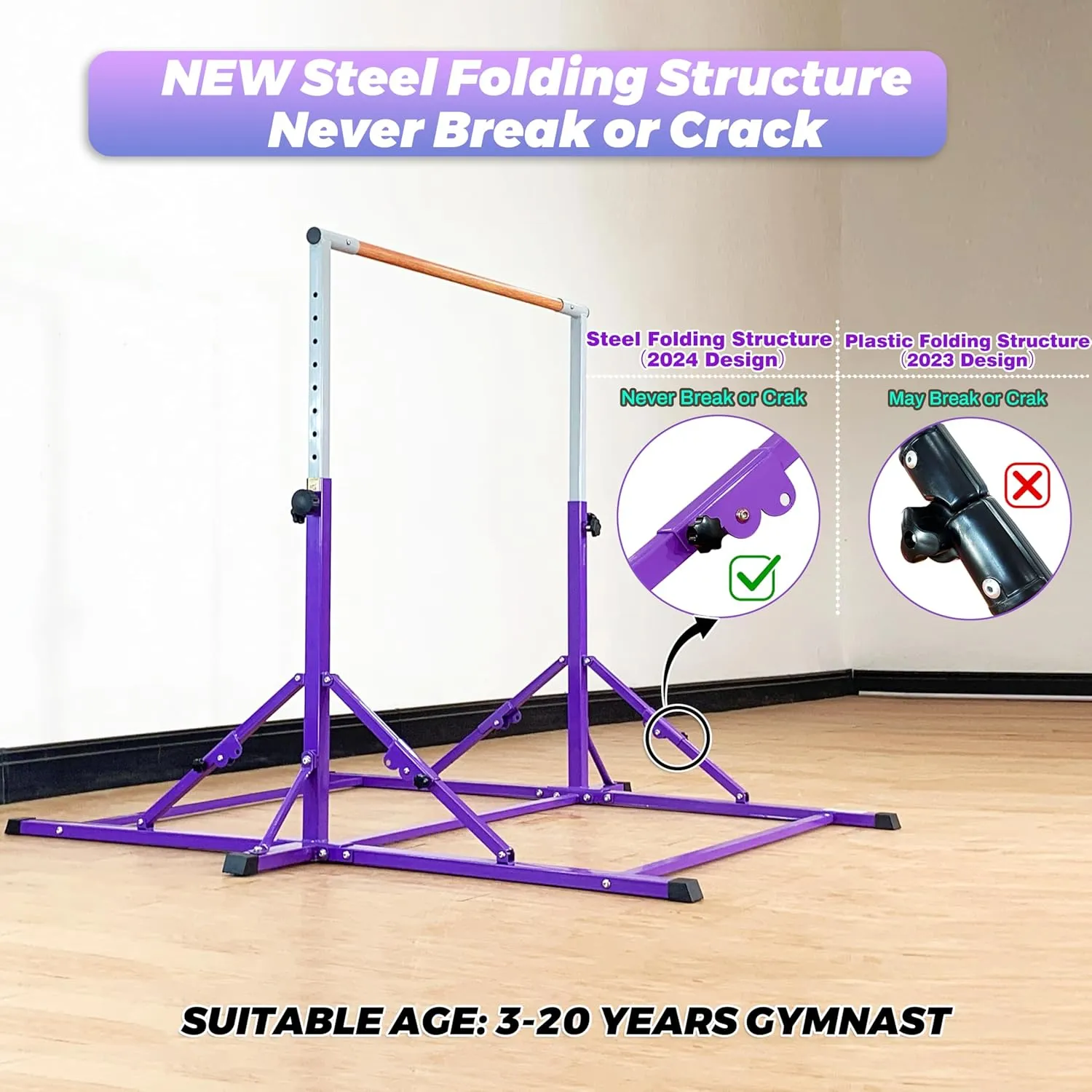 Gymnastic Bar for Kid and Teenage Ages 3-25, 5 FT / 6 FT Base Length, 5 FT / 6 FT Height, Gymnastic Kip Bar Horizontal Bar for Gymnast, Gymnastic Training Equipment for Home and Club Use