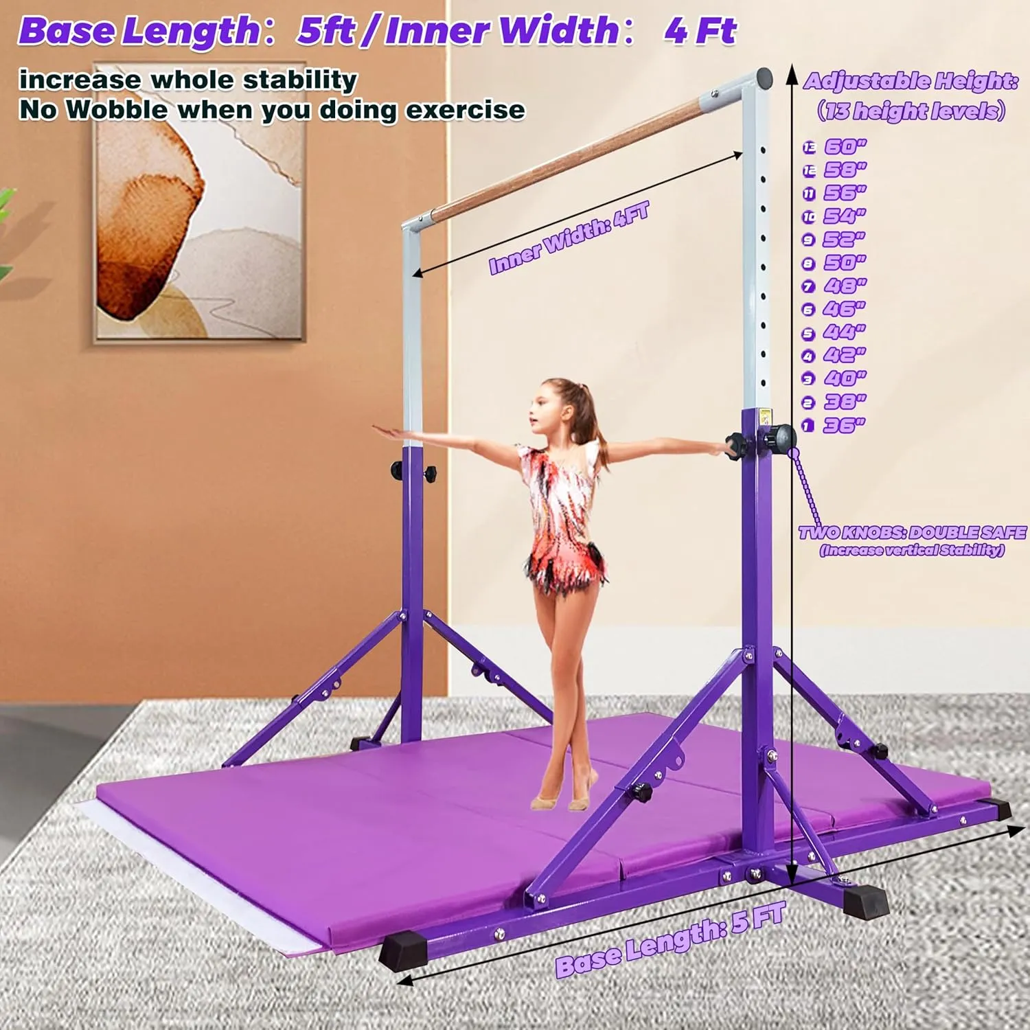 Gymnastic Bar for Kid and Teenage Ages 3-25, 5 FT / 6 FT Base Length, 5 FT / 6 FT Height, Gymnastic Kip Bar Horizontal Bar for Gymnast, Gymnastic Training Equipment for Home and Club Use