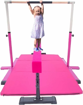 Gymnastics Bar Kip Bar for Kids with Acrobatic Tube Beam and 6'x4' Tumble Mat, Adjustable Height 3 to 5 FT Horizontal Bar Junior Gymnast Gymnastic Training Bar, Asymmetric Bar Expandable Pink