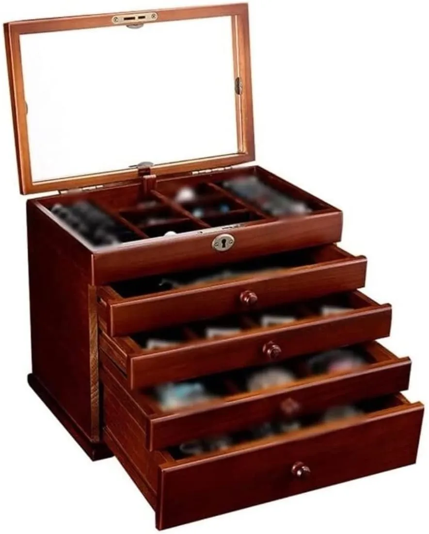Habrur Jewelry Case Jewelry Box Jewelry Organizer Wooden Jewelry Box Storage Box with Lock Multi-Layer Large Capacity Jewelry Box Suitable for Ring Watch Necklace Jewelry Storage