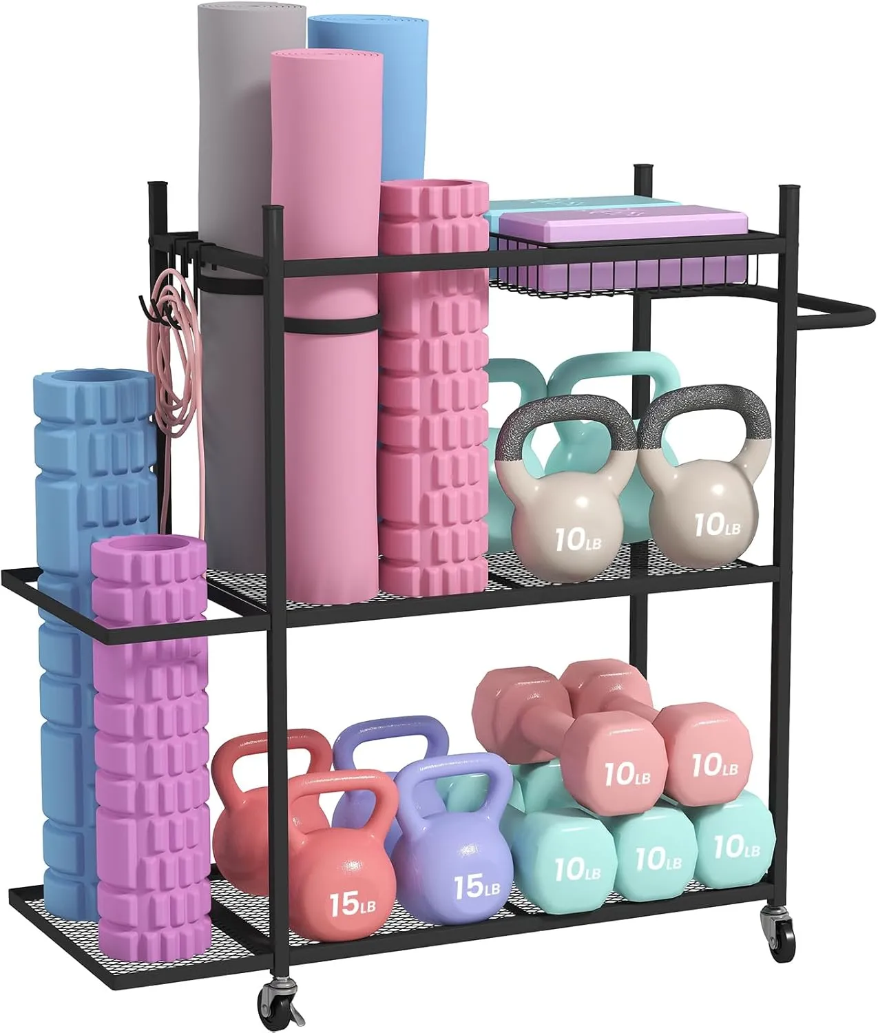 Hadulcet Dumbbell Rack, Heavy Duty Weight Rack for Home Gym, Yoga Mat Storage Racks, Home Gym Storage Rack for Yoga Mat, Kettlebell & Balls, Adjustable Width Exercise Equipment with Lockable Wheels