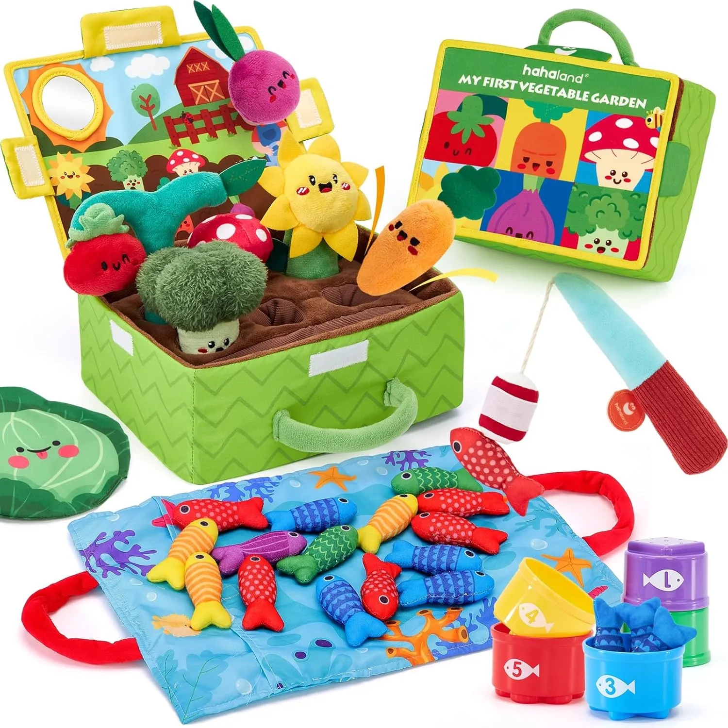 hahaland Montessori Toys Baby Toys for 6-12 Months - 10 in 1 Cloth Toddler Fishing Game with Stacking Cups and Fruits Vegetables Garden Plant Plush