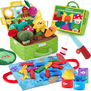 hahaland Montessori Toys Baby Toys for 6-12 Months - 10 in 1 Cloth Toddler Fishing Game with Stacking Cups and Fruits Vegetables Garden Plant Plush