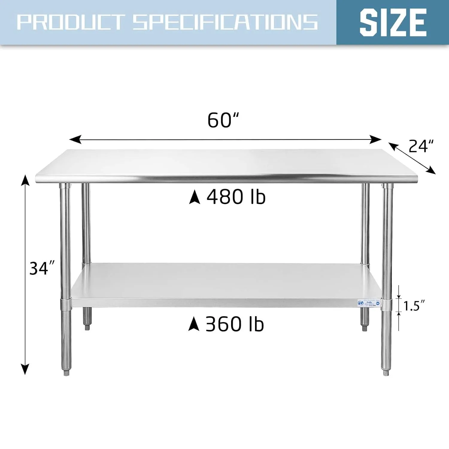 HALLY Stainless Steel Table for Prep & Work 24 x 60 Inches, NSF Commercial Heavy Duty Table with Undershelf and Galvanized Legs for Restaurant, Home and Hotel