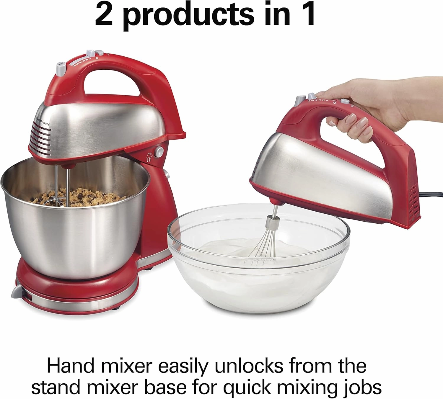 Hamilton Beach Classic Stand and Hand Mixer, 4 Quarts, 6 Speeds with QuickBurst, Bowl Rest, 290 Watts Peak Power, Red (64654)