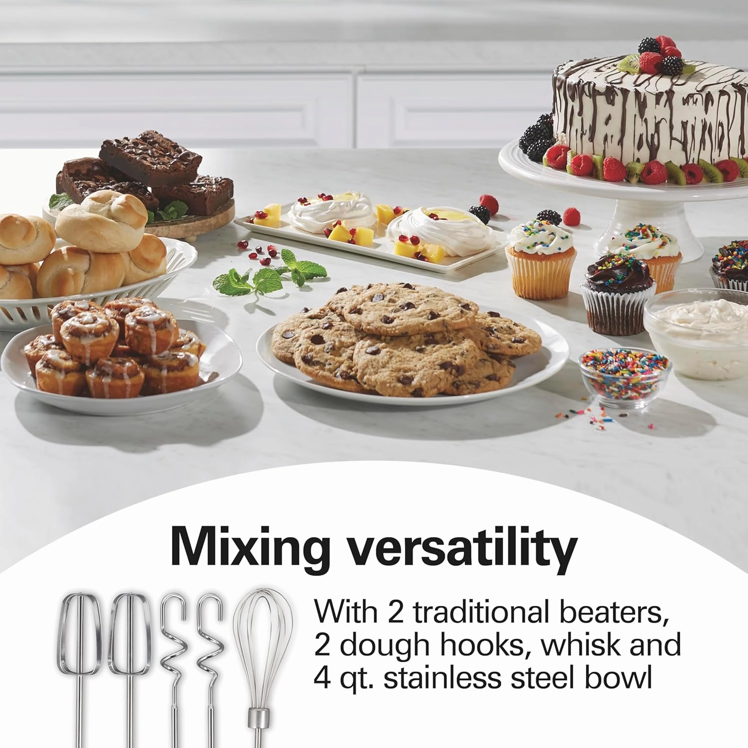 Hamilton Beach Classic Stand and Hand Mixer, 4 Quarts, 6 Speeds with QuickBurst, Bowl Rest, 290 Watts Peak Power, White (64655)