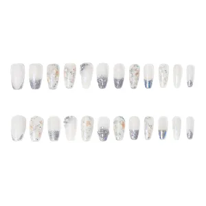 Handcraft Reusable Press on Nails Flower Dance, Elegant Translucent White DuoChrome Medium Coffin Fake Nails with Rhinestones and Hand Drawing Cherry Blossom in 24 pcs Full Size