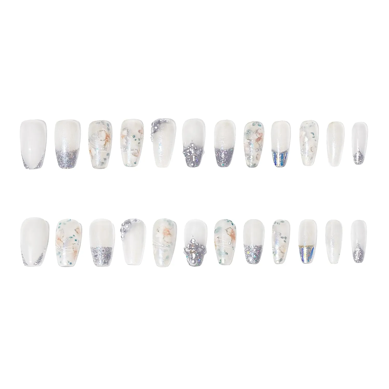 Handcraft Reusable Press on Nails Flower Dance, Elegant Translucent White DuoChrome Medium Coffin Fake Nails with Rhinestones and Hand Drawing Cherry Blossom in 24 pcs Full Size