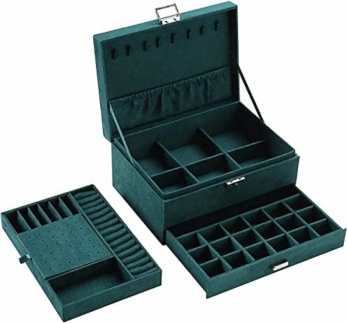 Handcrafted Velvet Jewelry Organizer Box - Multi-Layer Portable Storage Case for Rings, Earrings, Necklaces - Ideal Gift for Her (Green)