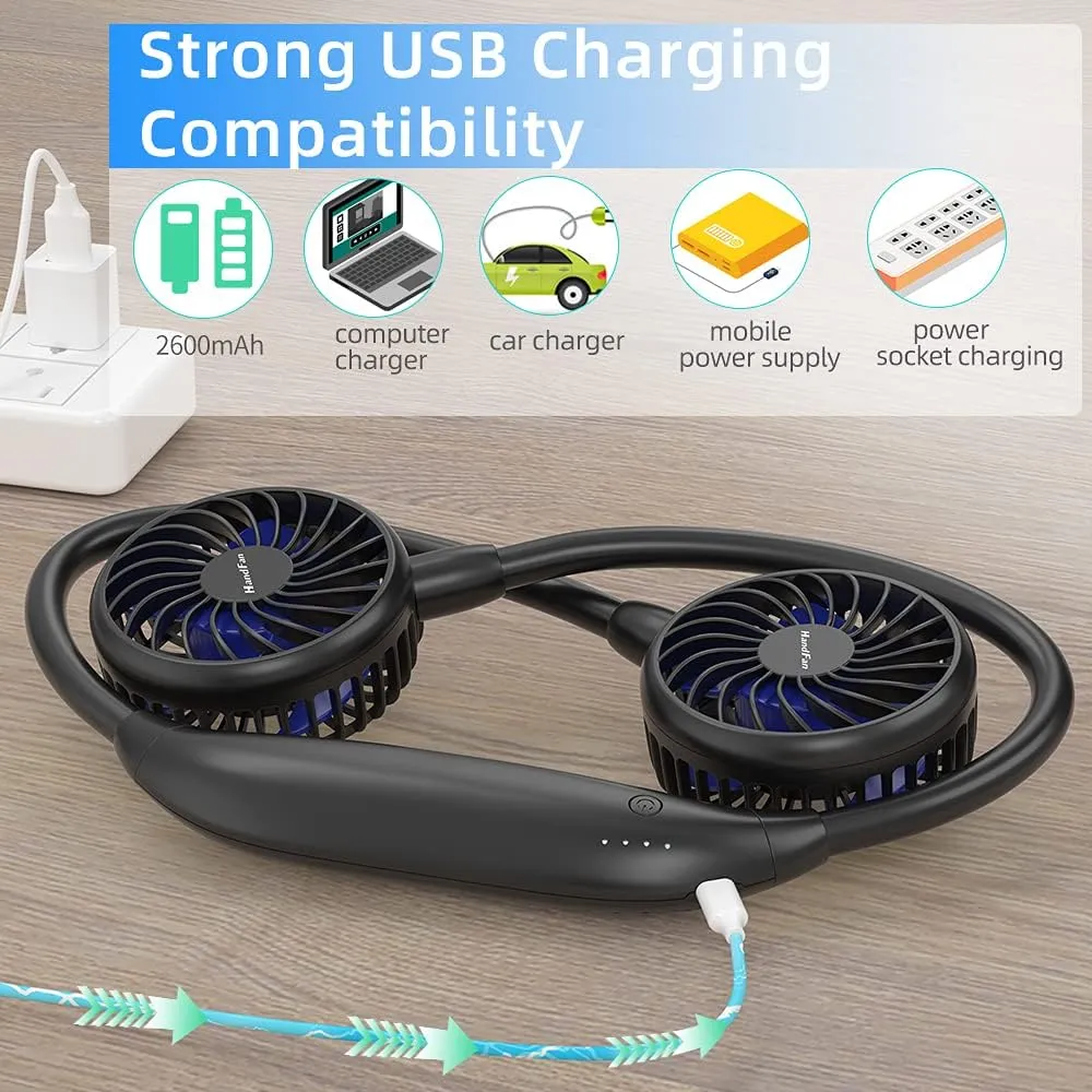 HandFan 2600mAh Portable Neck Fan Rechargeable, Wearable Personal Fans for Neck, Hands Free Necklace Fan Battery Operated, Neck Cooling Air Condition for Men Women Travel Hiking Cycling Outdoors