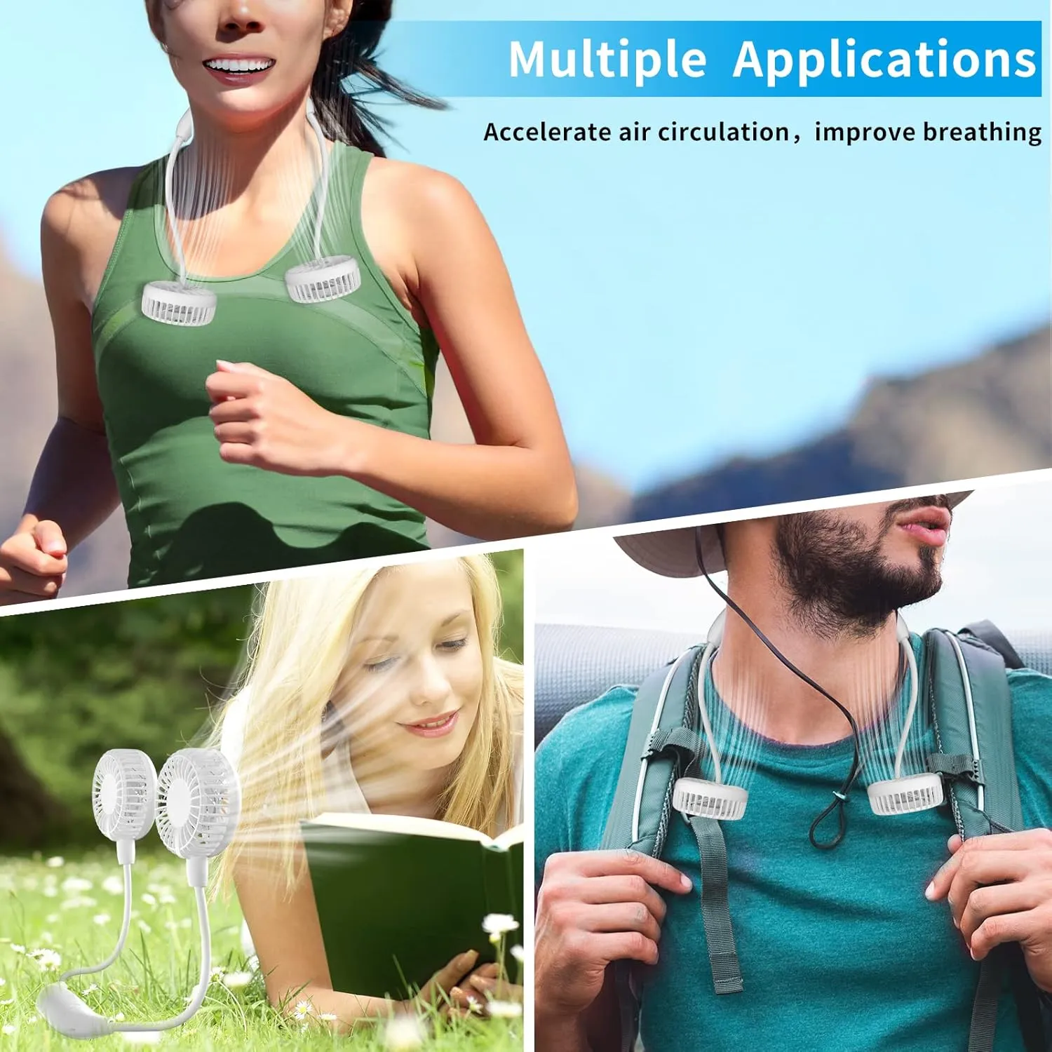 HandFan Portable Neck Fan Rechargeable, Wearable Personal Fans for Neck, Hands Free Necklace Fan Battery Operated, Neck Cooling Air Condition for Men Women Travel Hiking Cycling Outdoors