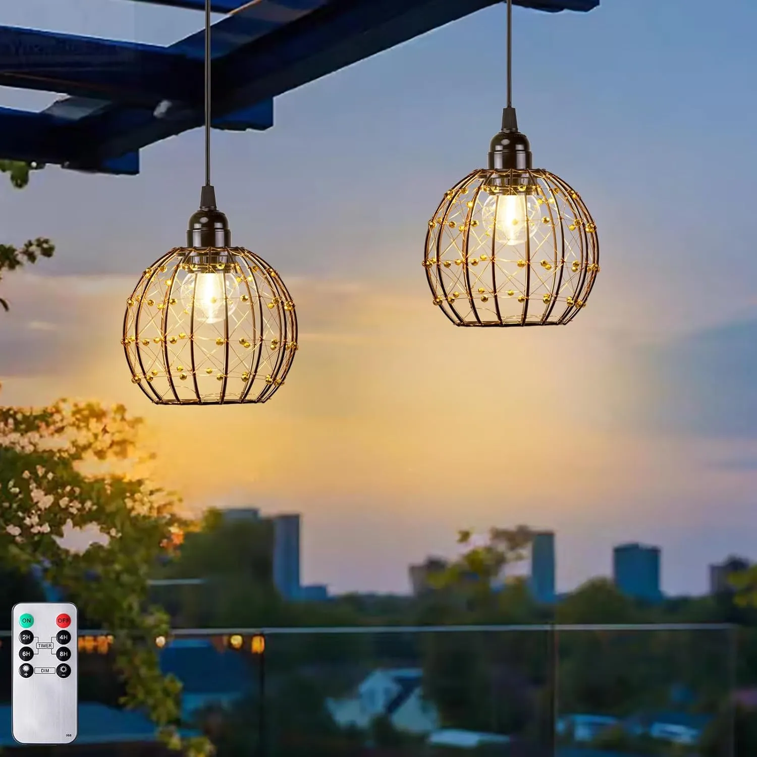 Hanging Pendant Lights, Battery Operated Outdoor Chandelier with Warm White LED Bulb for Patio Tree Pergola Gazebo Porch (Beaded Ball-G50-2PK)