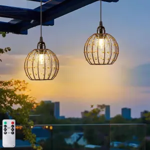 Hanging Pendant Lights, Battery Operated Outdoor Chandelier with Warm White LED Bulb for Patio Tree Pergola Gazebo Porch (Beaded Ball-G50-2PK)