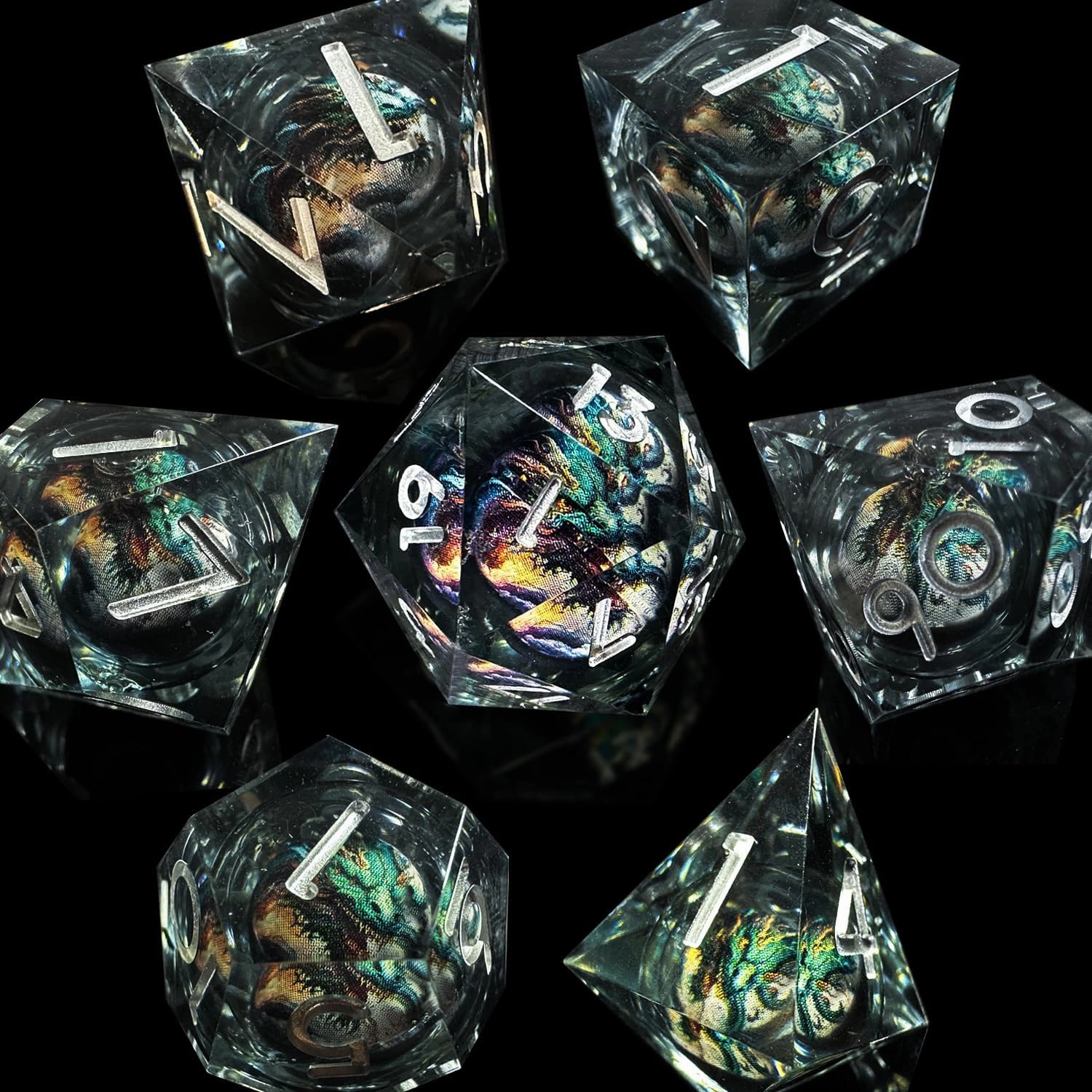 HAOMEJA D&D Dragon Resin Dice Set 7 PCS DND Sharp Edges Dice with Gift Random Dragon Eye Bag Apply to Dungeons and Dragons Role Playing Game Gift (Dragon A & Black Silver)