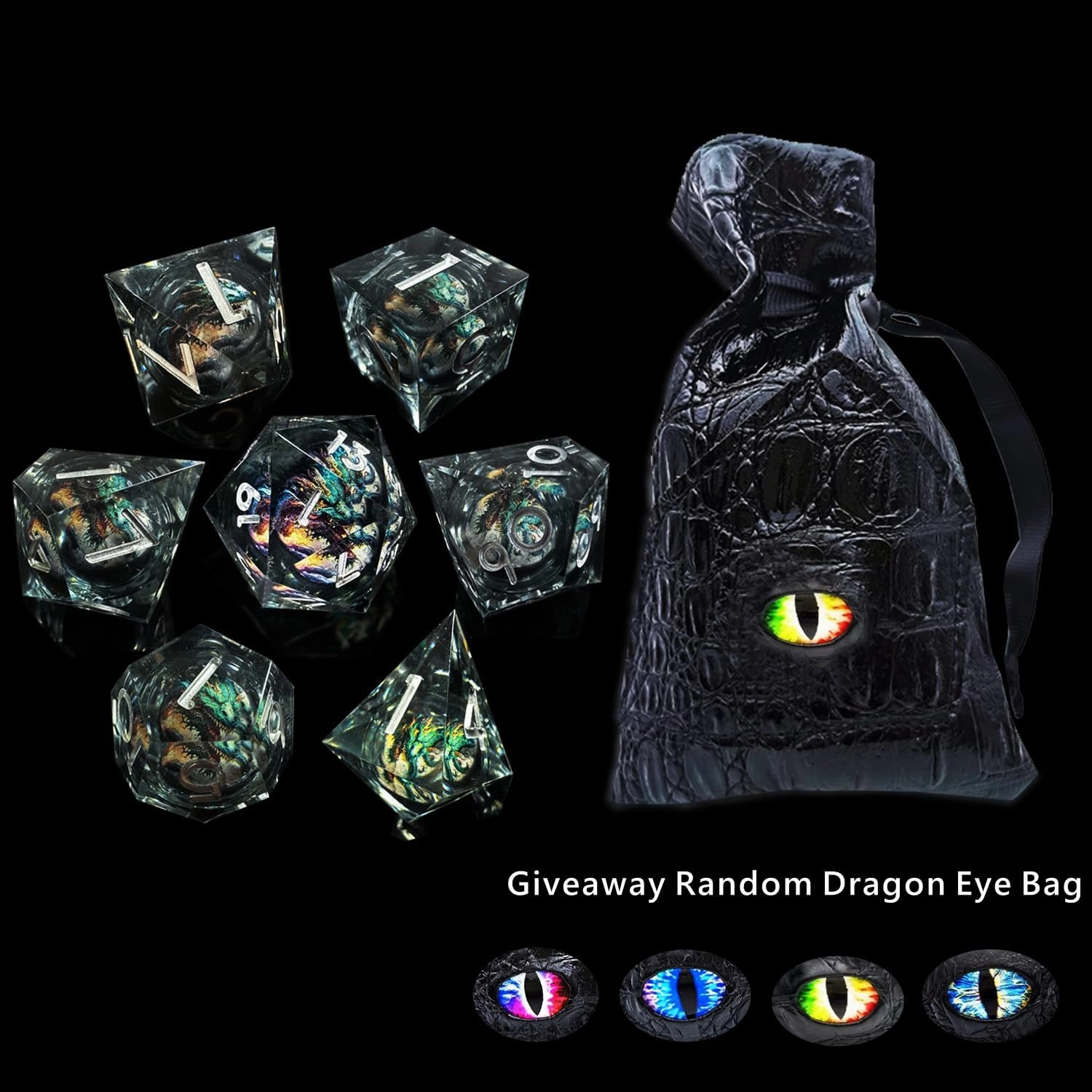 HAOMEJA D&D Dragon Resin Dice Set 7 PCS DND Sharp Edges Dice with Gift Random Dragon Eye Bag Apply to Dungeons and Dragons Role Playing Game Gift (Dragon A & Black Silver)