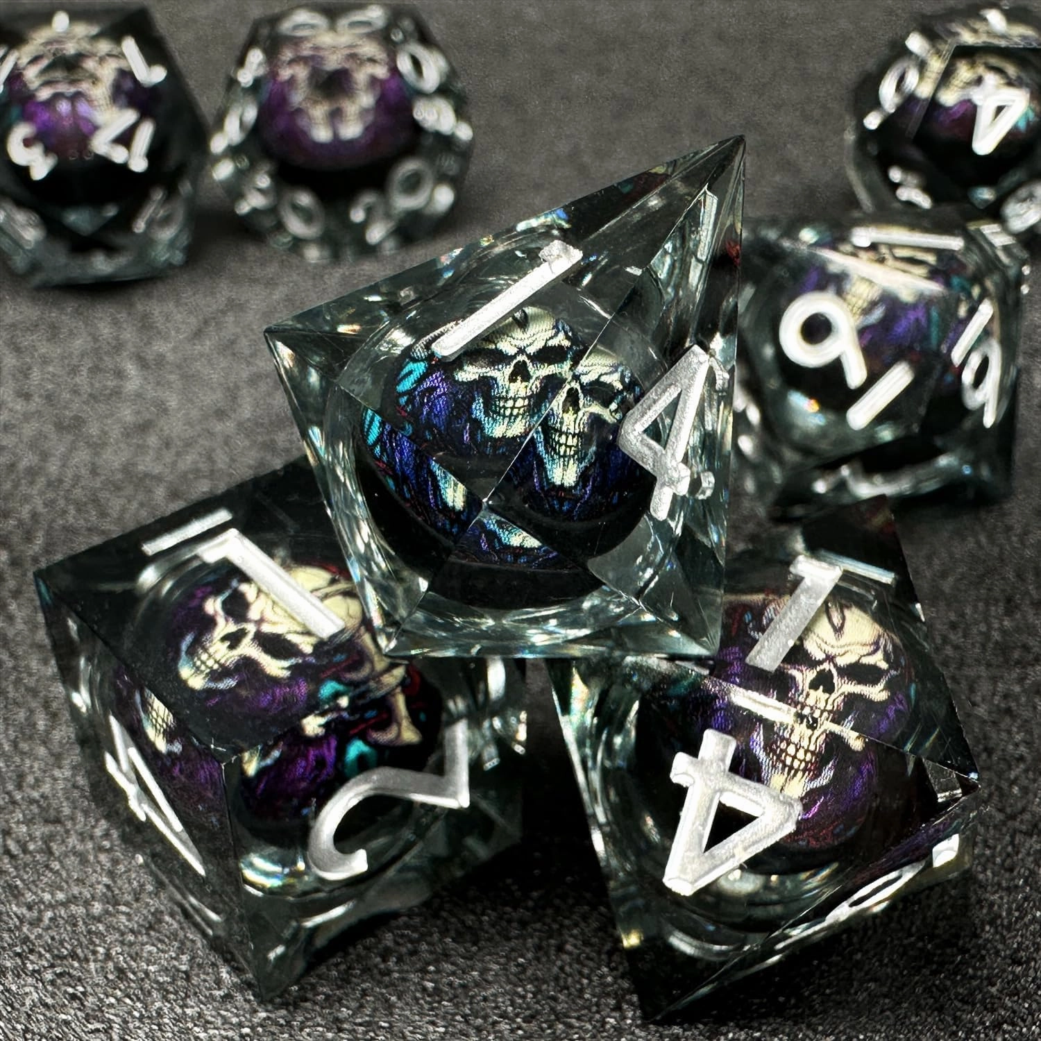 HAOMEJA Skull D&D Monster Resin Dice Set DND Skeleton 7 PCS Sharp Edges Dice with Gift Dragon Eye Bag Apply to Dungeons and Dragons Role Playing Game Gift (Skull B & Black)