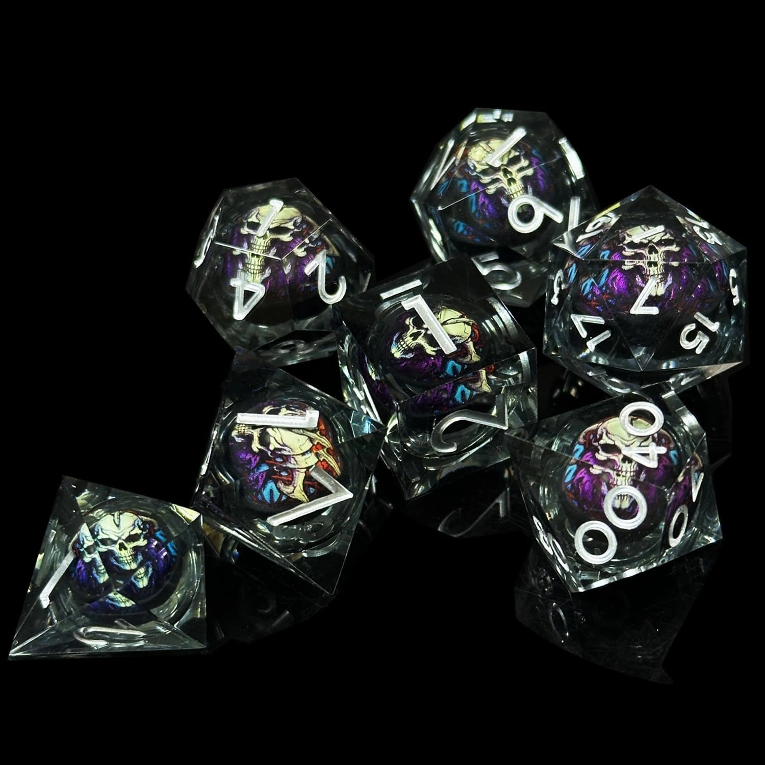 HAOMEJA Skull D&D Monster Resin Dice Set DND Skeleton 7 PCS Sharp Edges Dice with Gift Dragon Eye Bag Apply to Dungeons and Dragons Role Playing Game Gift (Skull B & Black)