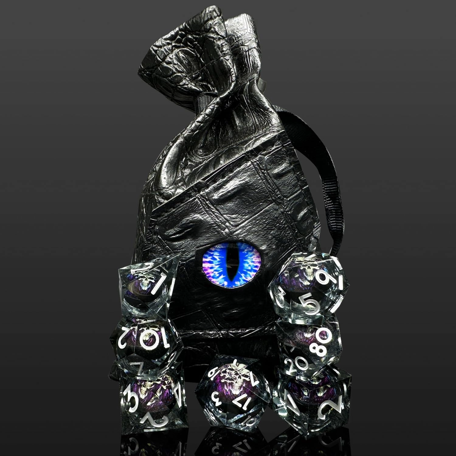 HAOMEJA Skull D&D Monster Resin Dice Set DND Skeleton 7 PCS Sharp Edges Dice with Gift Dragon Eye Bag Apply to Dungeons and Dragons Role Playing Game Gift (Skull B & Black)