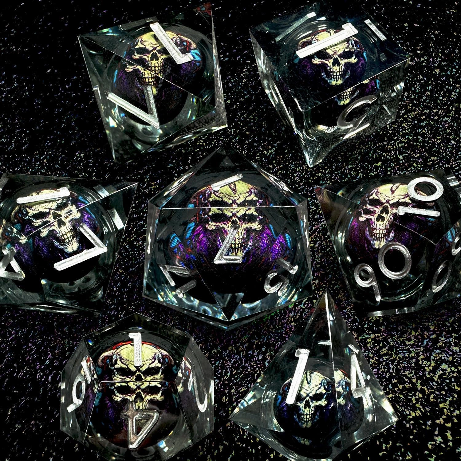 HAOMEJA Skull D&D Monster Resin Dice Set DND Skeleton 7 PCS Sharp Edges Dice with Gift Dragon Eye Bag Apply to Dungeons and Dragons Role Playing Game Gift (Skull B & Black)