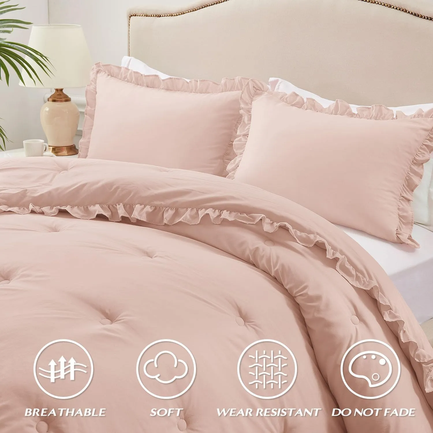 HARBOREST King Comforter Set Blusher - Shabby Chic Ruffle Comforter for King Size Bed - 3 Piece Set includes 1 Comforter & 2 Pillow Shams