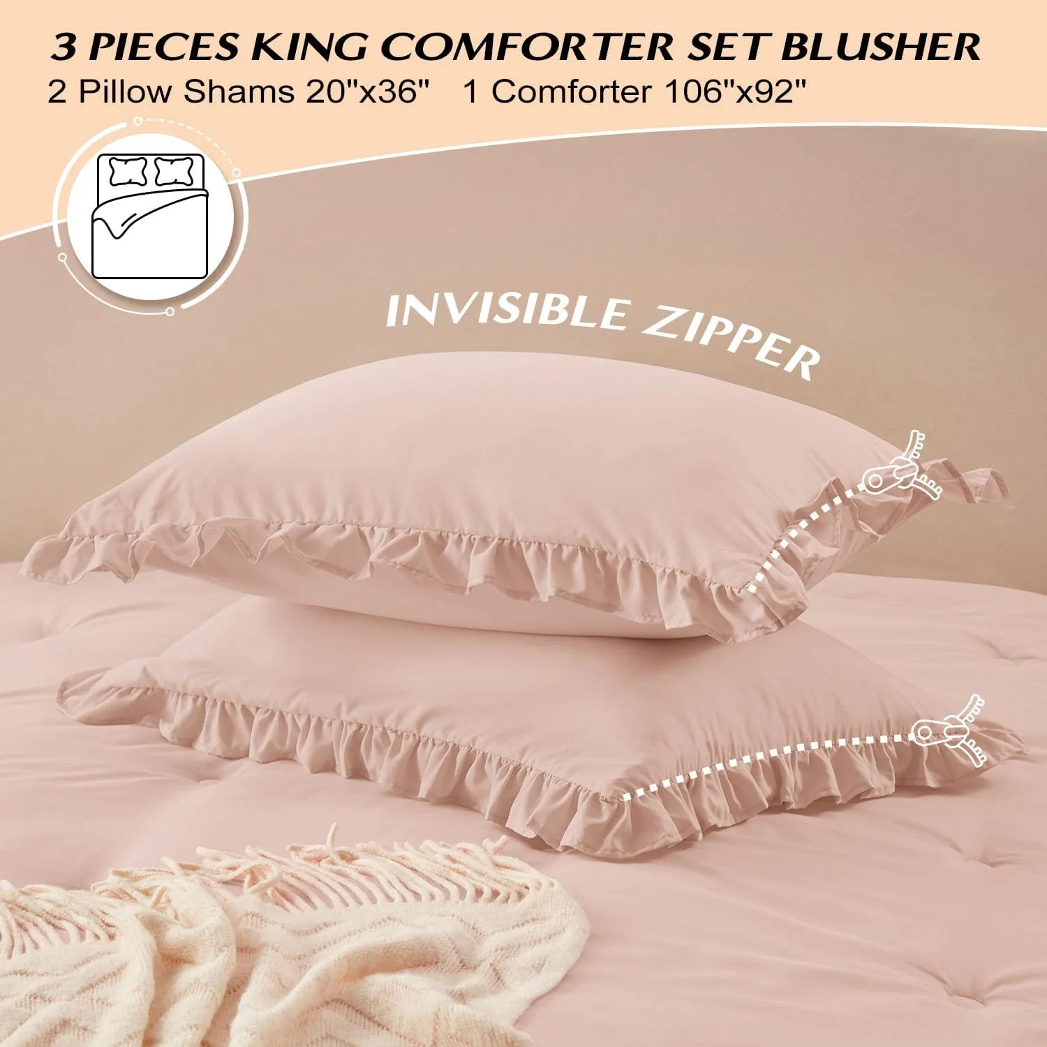 HARBOREST King Comforter Set Blusher - Shabby Chic Ruffle Comforter for King Size Bed - 3 Piece Set includes 1 Comforter & 2 Pillow Shams