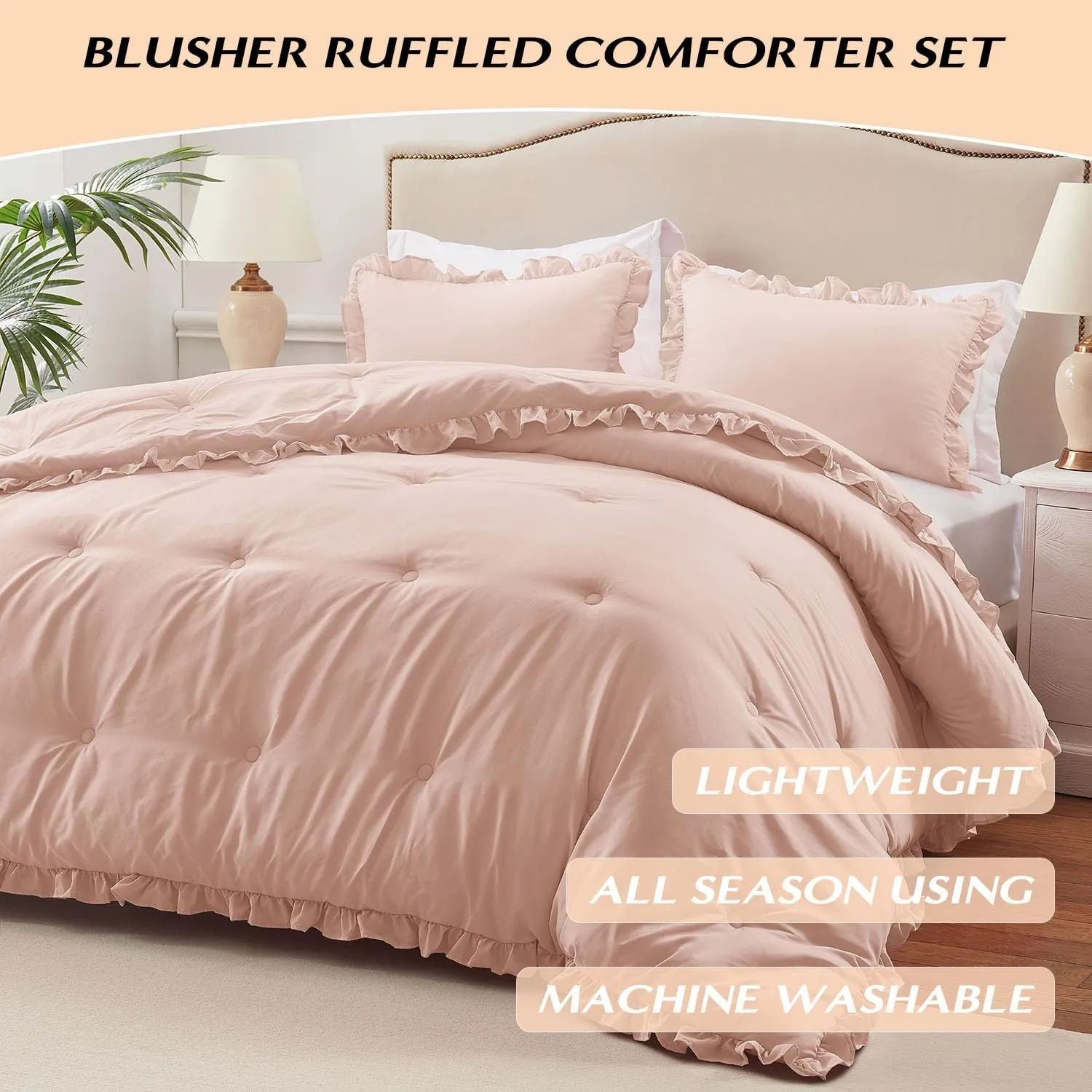HARBOREST Twin Comforter Set Blusher - Ruffle Comforter for Twin Size Bed - 2 Pieces Shabby Chic Bedding Sets(1 Comforter & 1 Pillow Sham)