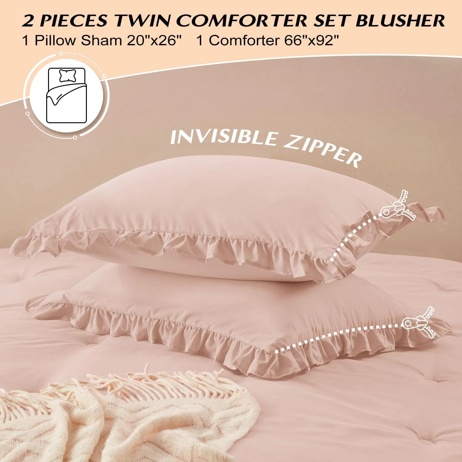 HARBOREST Twin Comforter Set Blusher - Ruffle Comforter for Twin Size Bed - 2 Pieces Shabby Chic Bedding Sets(1 Comforter & 1 Pillow Sham)