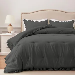 HARBOREST Twin Comforter Set Grey - Ruffle Comforter for Twin Size Bed, Fluffy Twin Size Comforter Set for All Seasons, 2 Pieces Shabby Chic Bedding Comforter Sets(1 Comforter & 1 Pillow Sham)