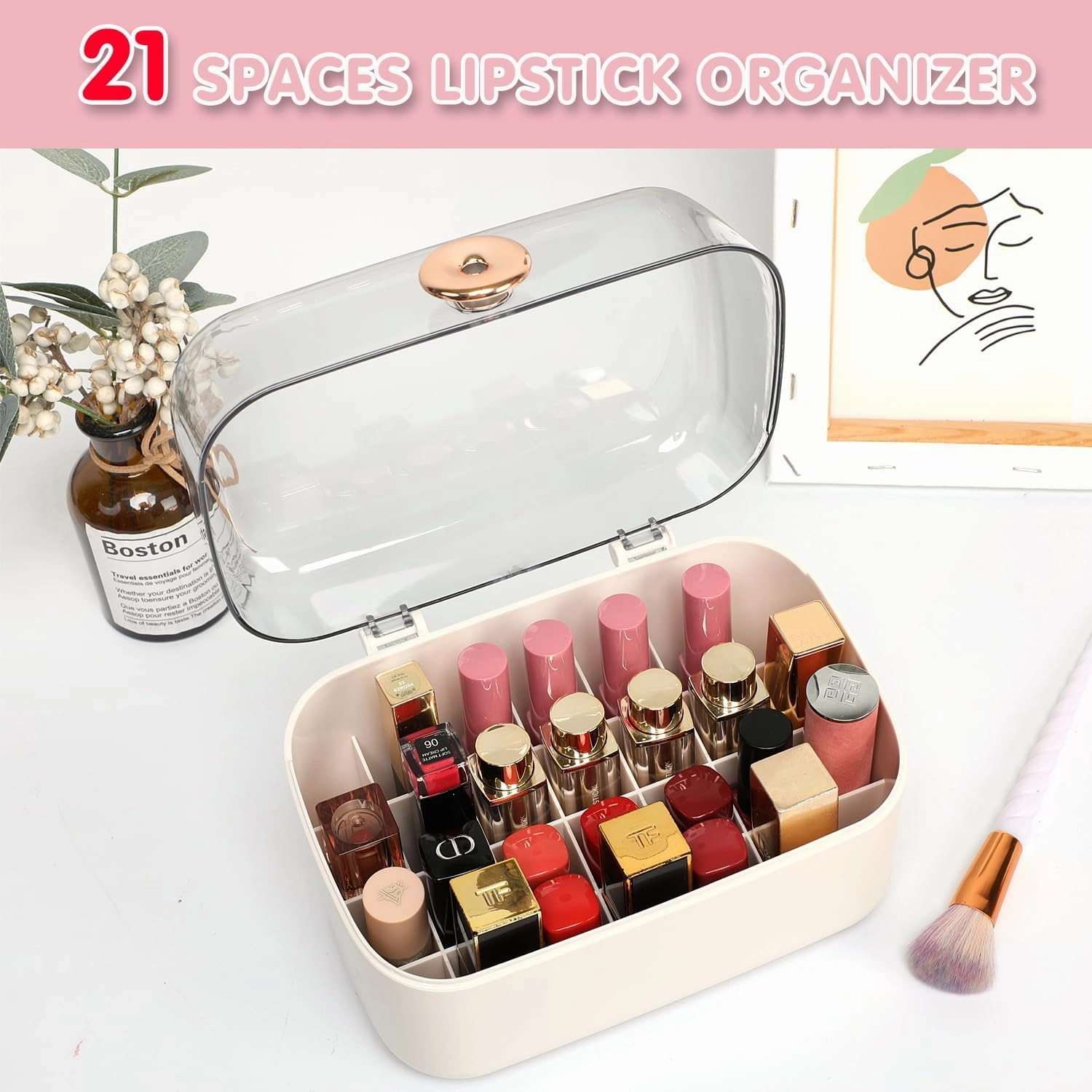 Haturi Large Capacity Makeup Organizer with Lipstick Holder, White-2