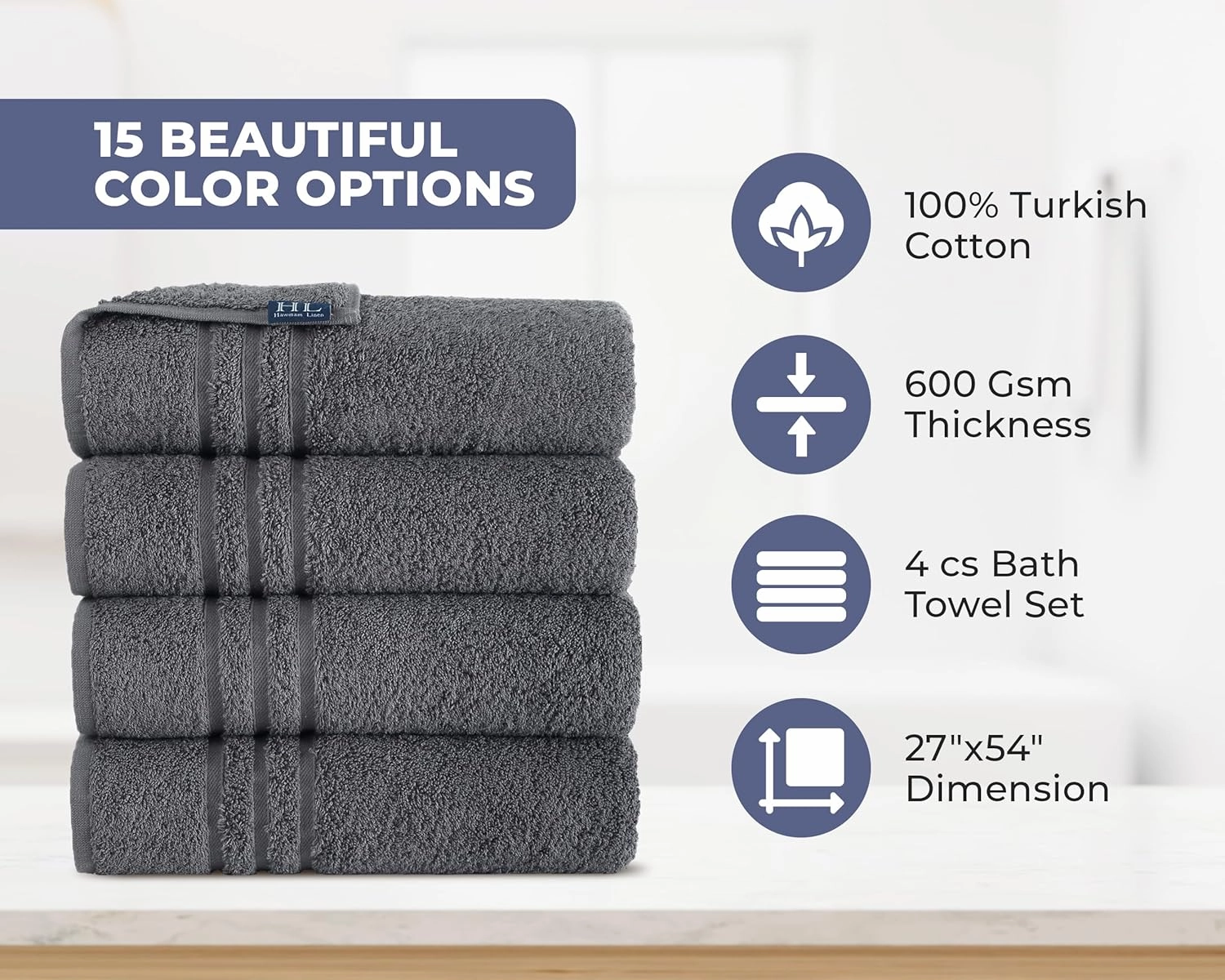 Hawmam Linen Grey Bath Towels Set of 4, Cotton Towel Soft Absorbent Quick Dry Towels for Bathroom 27x54 Inch
