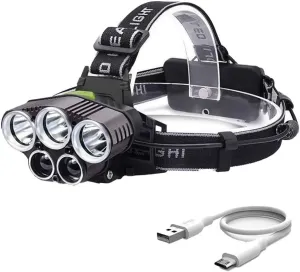 Headlamp Rechargeable,6 Mode 25000 High Lumen Bright 5 LED Head Lamp with Red White Light,IPX5 Waterproof Headlights,Headlamps for Hiking Running Fishing Hunting Camping