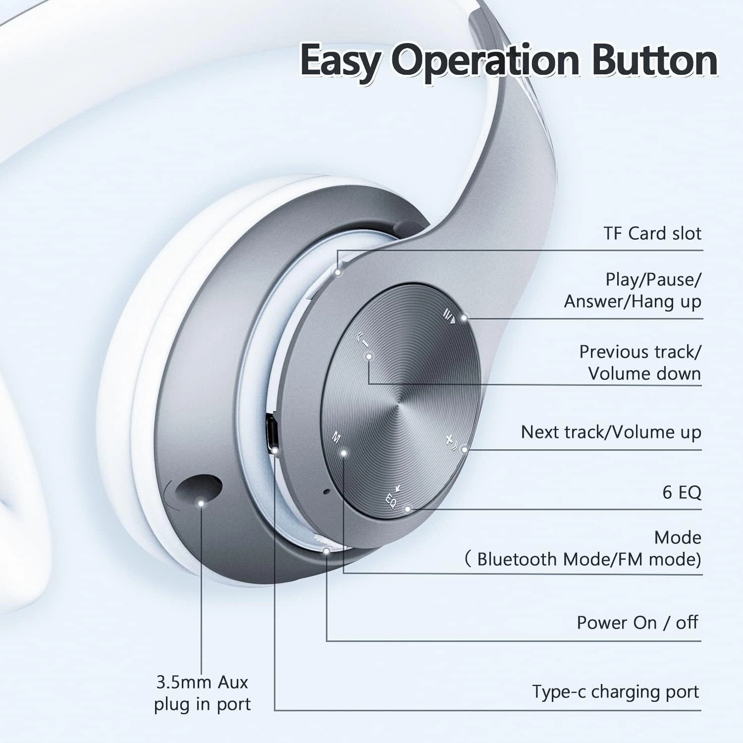 Headphones Wireless Bluetooth,60 Hours Playtime Foldable Lightweight Bluetooth Headphones Wireless Over Ear Wired Hi-Fi Stereo with 6 EQ Modes, Deep Bass Adjustable Headset with Mic, FM, TF for Adults