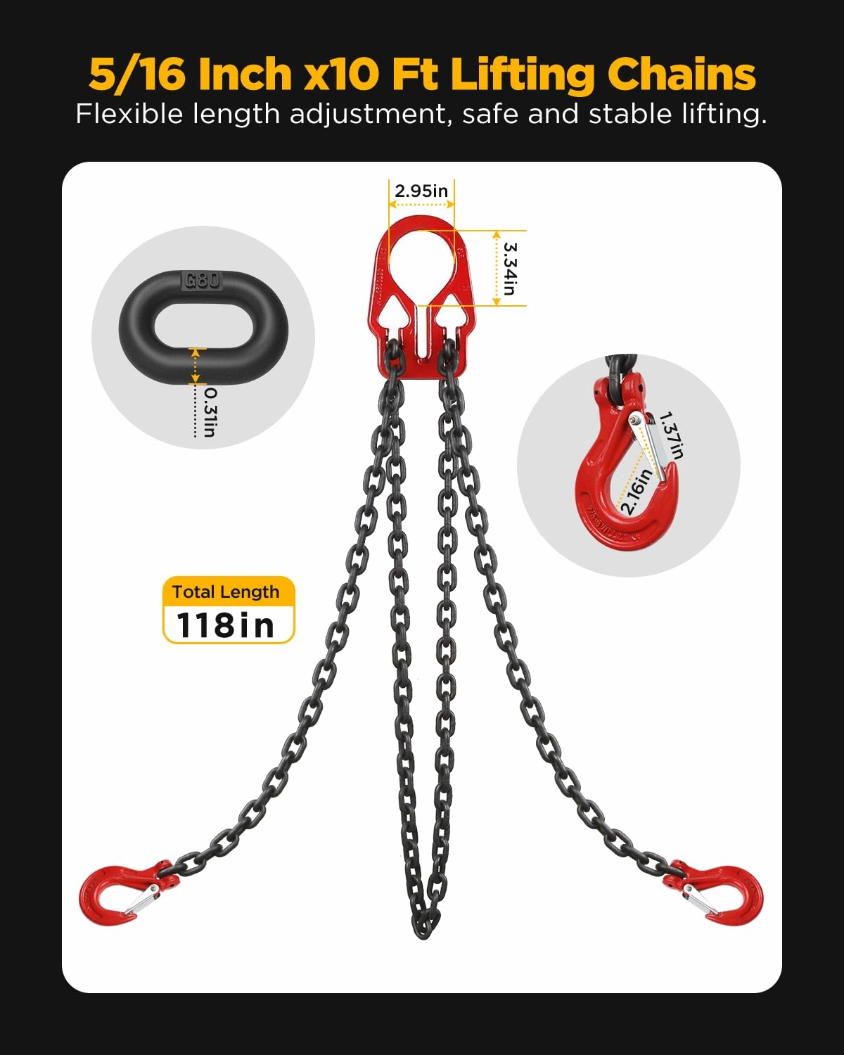 Heavy Duty Lifting Chains with Adjustable Hooks, 5/16 Inch x 10 Ft, Maximum Load 7000lbs, Dual Leg Chain Slings for Industrial Engine Hoist